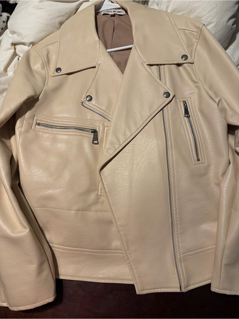 Elizabeth and James Beige Leather Asymmetrical Moto Jacket
